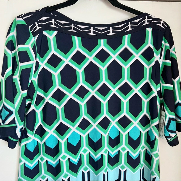 NWT Signature Camryn Dress Geometric Turquoise Navy Green Sheath Petite Size 14P - Picture 3 of 16